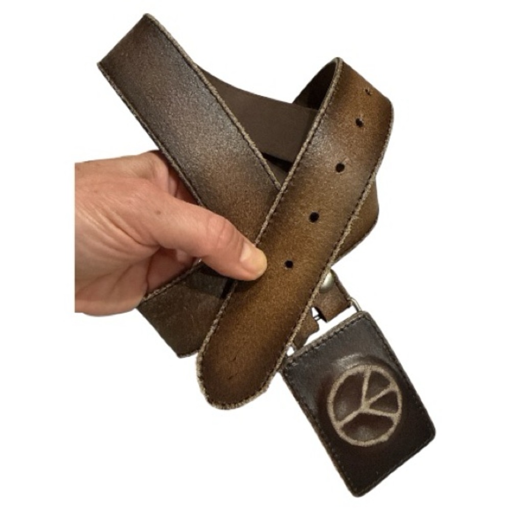 Distressed leather belt strap with removable leather peace sign buckle 33”- 35”